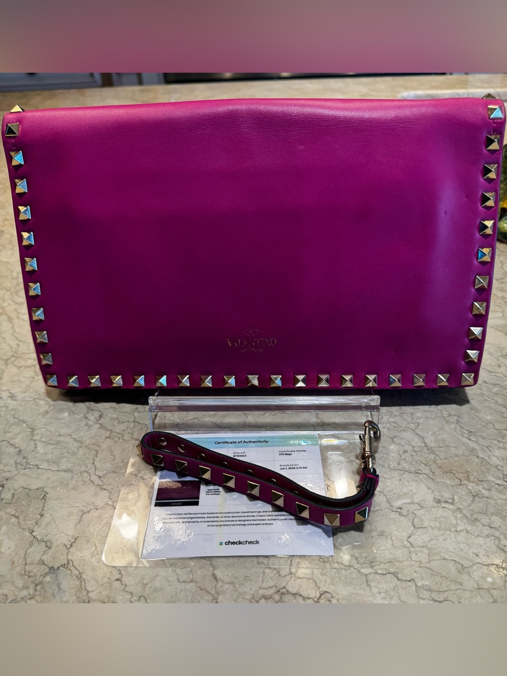 Valentino Fuchsia Rockstud Wristlet Clutch with Gold-Tone Studs